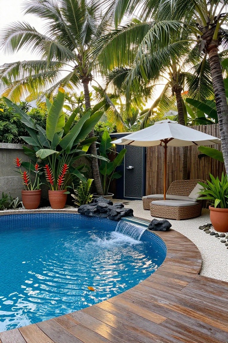 Curved blue-tiled pool with small rock waterfall, surrounded by wooden decking, rattan lounge chair and ottoman under white umbrella, bamboo-screened outdoor shower, potted red heliconia plants, large-leaf banana plants, tall palm trees, and pebble ground cover in a tropical outdoor setting.