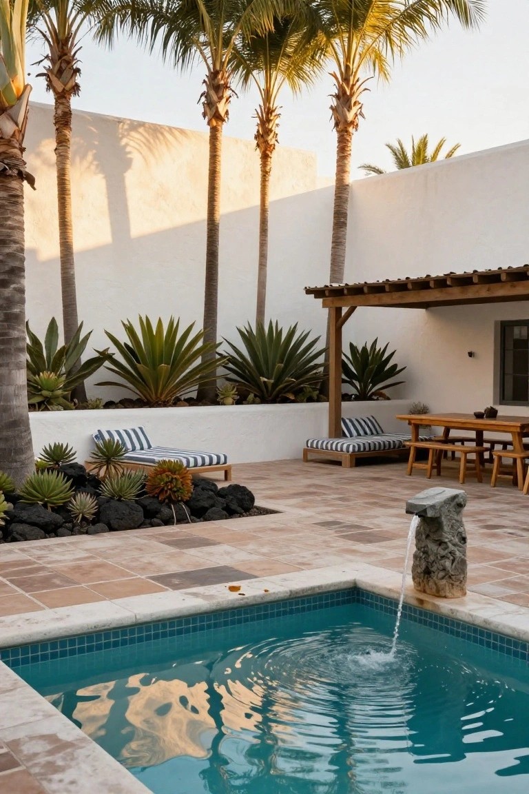 Small turquoise plunge pool with stone fountain in terracotta-tiled courtyard, surrounded by palm trees, agave plants, lava rocks, wooden pergola shading dining table and lounge chair, against white stucco walls.