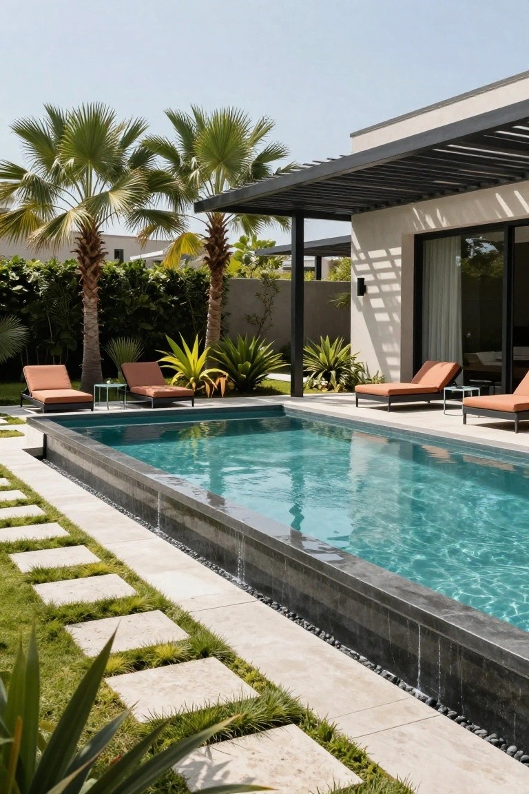 A rectangular infinity-edge pool with black stone borders and turquoise water, flanked by four orange chaise lounges with glass side tables on a light stone deck, palm trees and tropical plants in the background, and square stone pavers set in grass leading to the pool.