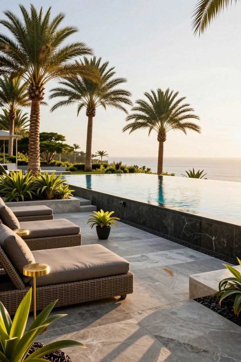 Infinity edge swimming pool on a stone terrace with beige lounge chairs, surrounded by tall palm trees and tropical plants, overlooking the ocean.