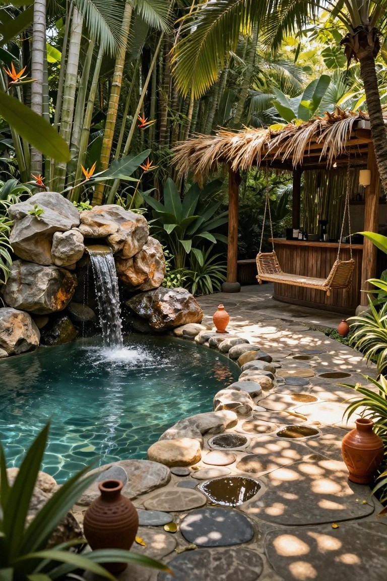 Small turquoise pool with water cascading from stacked natural rocks into the center, edged by boulders and surrounded by tropical plants like palms, bamboo, and birds-of-paradise, with a thatched wood bar featuring a hanging rattan swing and stone paths nearby.