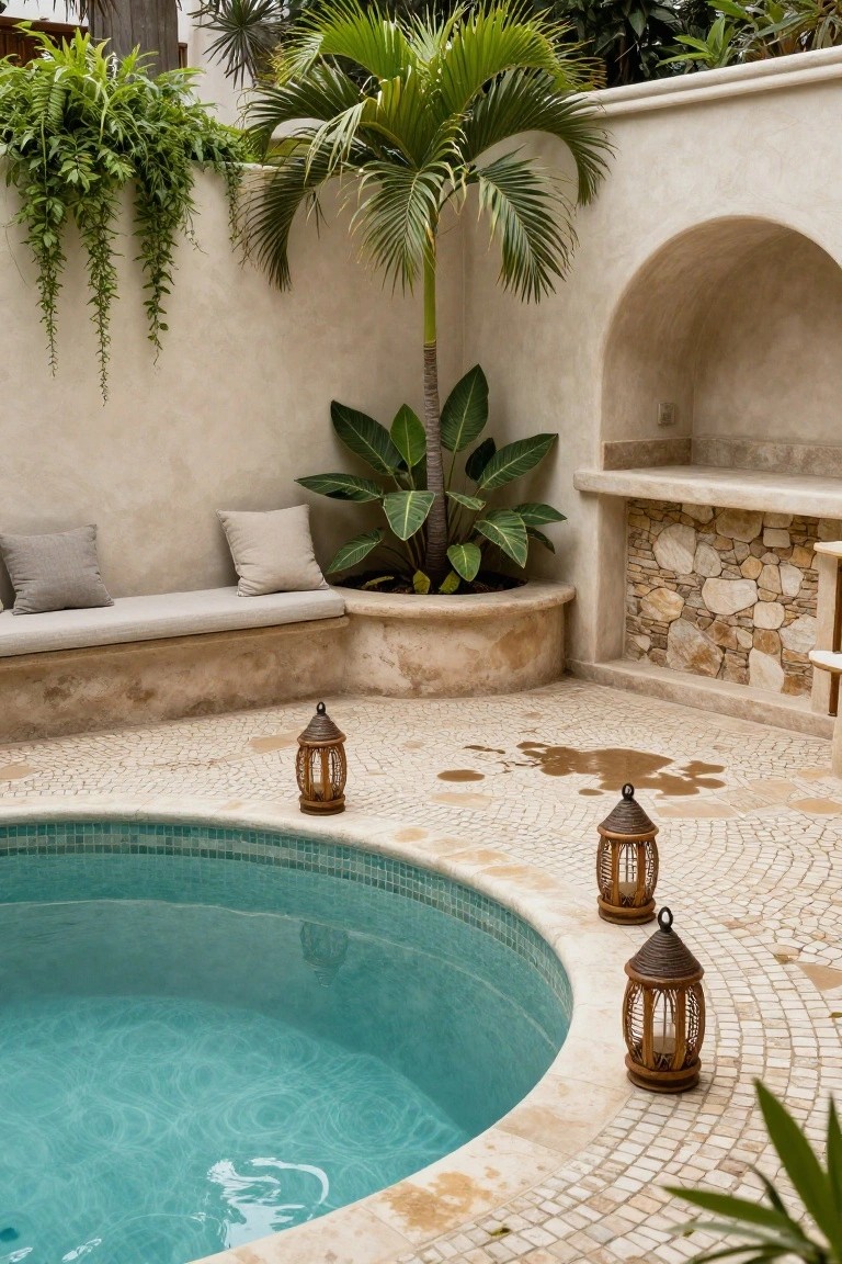 Small curved turquoise-tiled pool on light pebble mosaic patio with adjacent built-in beige plaster bench and cushions, tall palm tree behind bench, potted plants in wall niche, hanging vines, stone accents, and three rattan lanterns nearby.