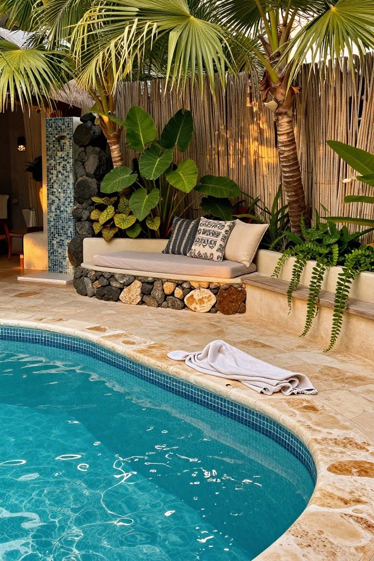 Curved pool with blue mosaic tiles and beige stone edging next to a built-in beige stone bench with patterned cushions, backed by palm trees, green plants, and lava rocks, with a white towel and flip-flops on the deck.