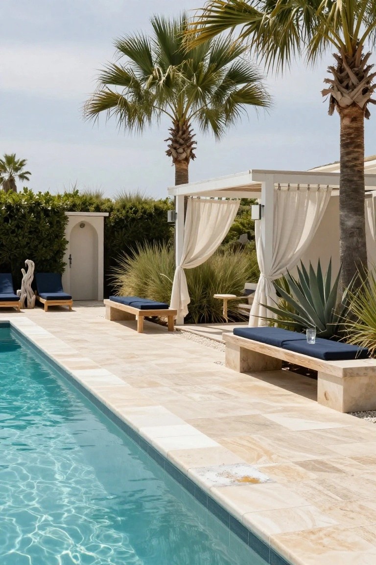 A turquoise pool edged in beige travertine tiles next to a white pergola with sheer white curtains, navy cushioned stone benches and loungers, palm trees, agave plants, and green hedges.