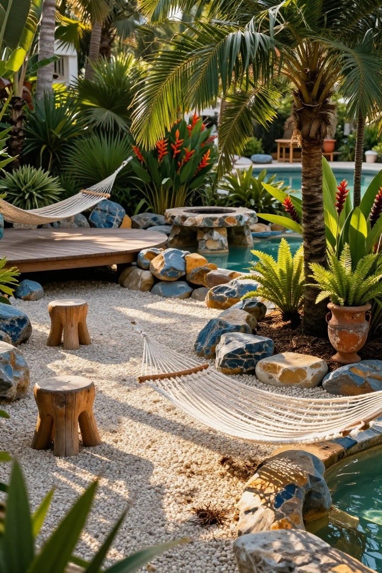 Tropical poolside deck and gravel area with white hammocks strung between palm trees, wooden stools, blue and tan rocks, lush plants, and turquoise pool water.