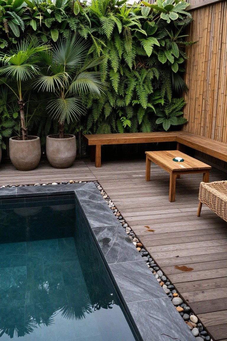 Small rectangular pool with dark green tiles and black slate edging filled with pebbles, on a wooden deck with built-in L-shaped bench, low wooden table holding a white plate, rattan chair, two large potted palms, lush green plant wall, and bamboo fence.
