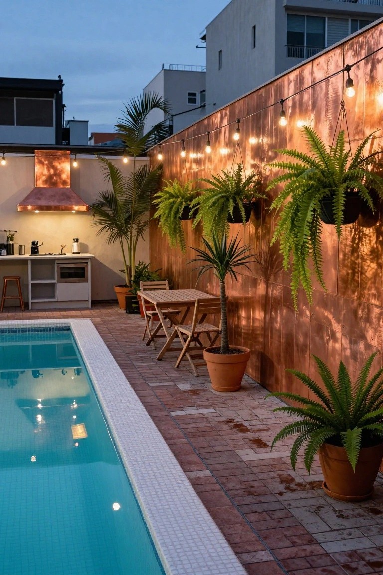 Outdoor pool beside a copper-paneled wall with hanging ferns and string lights, potted palms and other plants, wooden bistro table and chairs, and an outdoor kitchen counter on brick paving at dusk.