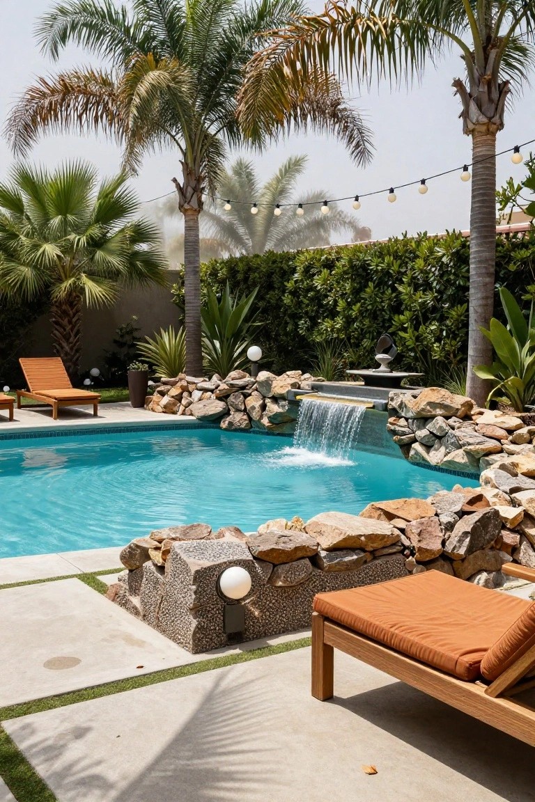 Turquoise pool with stacked rock waterfall at one end, surrounded by palm trees, wooden loungers, potted plants, and string lights against a green hedge backdrop.