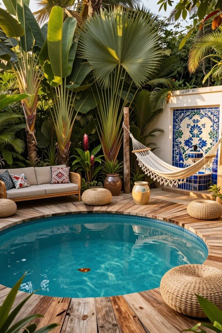 Circular turquoise pool on curved wooden deck amid dense tropical plants and tall palm trees, with white hammock between posts, rattan sofa, woven poufs, terracotta pots, and blue tiled wall nearby.