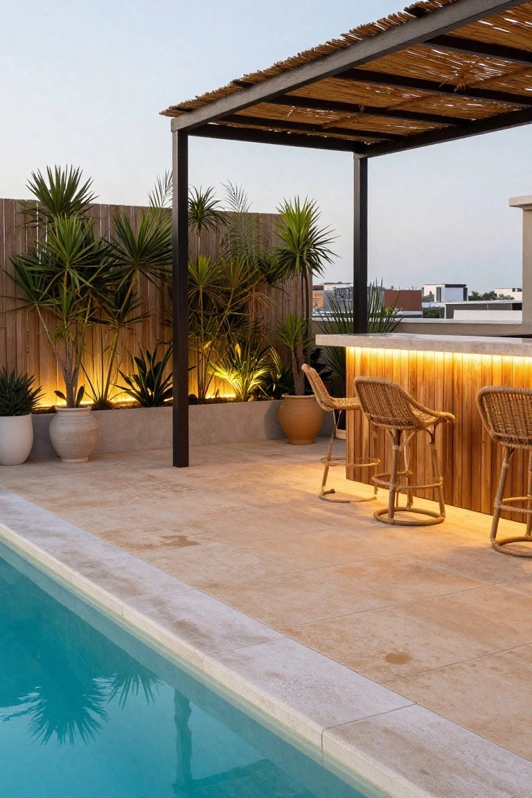 Outdoor poolside bar with light wood counter and LED underlighting, three rattan bar stools, under thatched metal pergola, tall palm trees and potted plants along wooden fence with base lighting, adjacent to rectangular blue swimming pool on beige tile deck at evening.