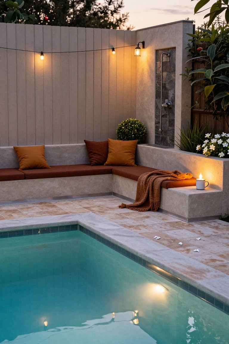 15 Infinity Pool Design Ideas for Jaw-Dropping Landscapes Outdoor swimming pool at dusk with built-in L-shaped bench seating along one edge, orange cushions and pillows, wool throw blanket, candle lantern, plants, string lights, outdoor shower, and tiled deck.