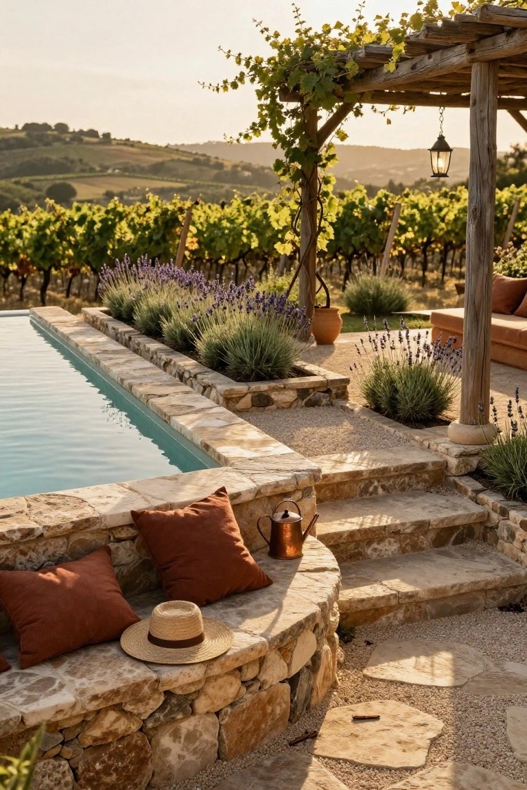 15 Infinity Pool Design Ideas for Jaw-Dropping Landscapes Stone-terraced infinity pool with turquoise water, bordered by lavender plants, adjacent to a curved stone bench with rust cushions, hat, and copper can, under vine-covered wooden pergola, overlooking vineyard hills at sunset.