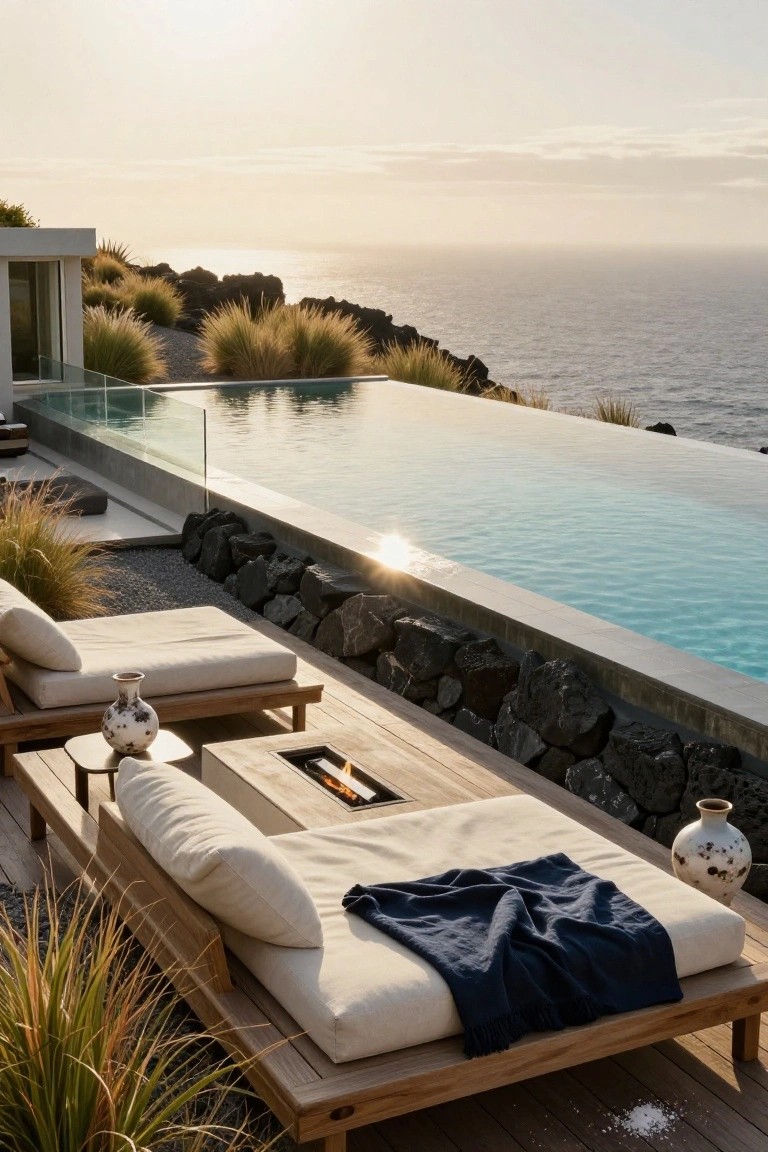 15 Infinity Pool Design Ideas for Jaw-Dropping Landscapes Infinity edge pool on a wooden deck overhanging a rocky cliff with ocean view, featuring teak daybed, fire table, loungers, grasses, and ceramics at sunset.
