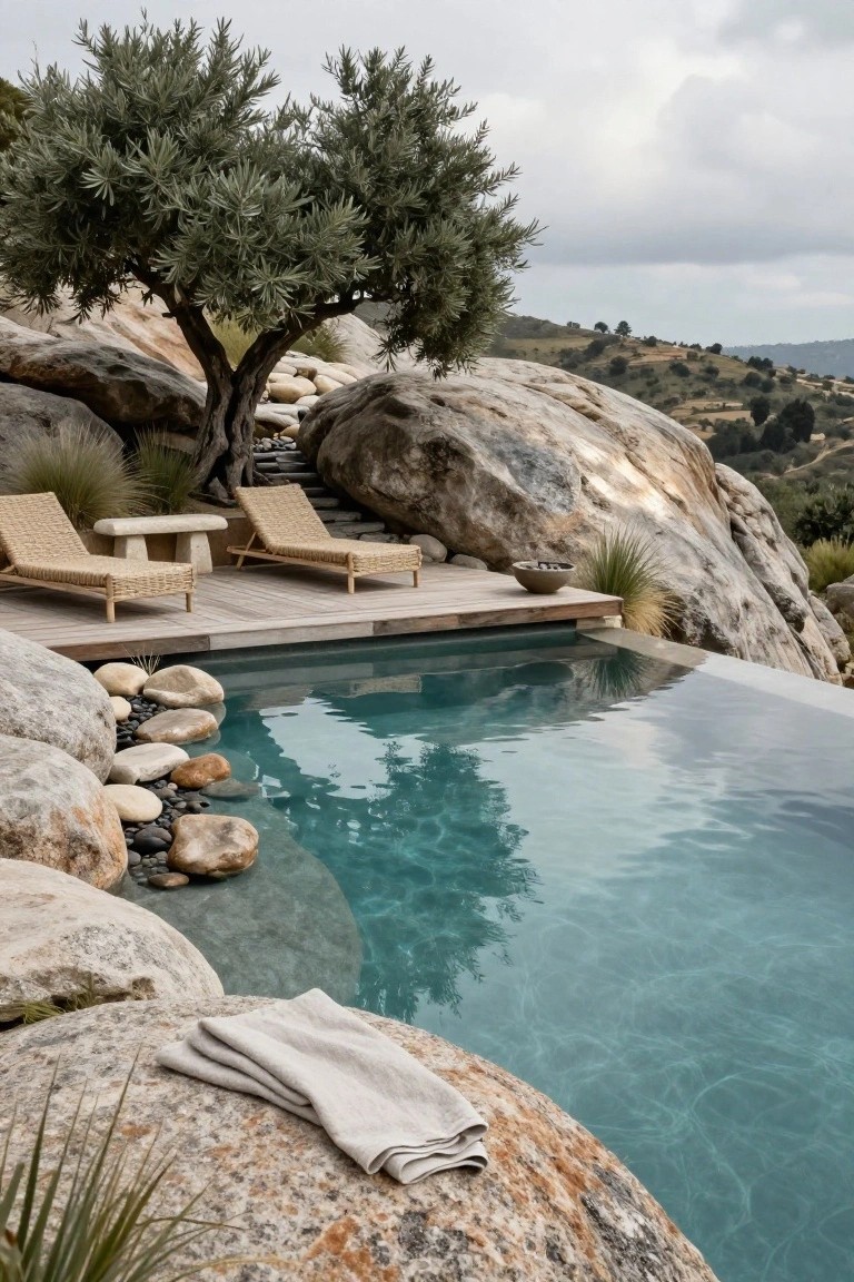 15 Infinity Pool Design Ideas for Jaw-Dropping Landscapes Infinity edge pool surrounded by large natural boulders and pebbles, turquoise water reflecting nearby olive trees and wooden deck with woven loungers, bench, and fire bowl on a rocky hillside landscape.