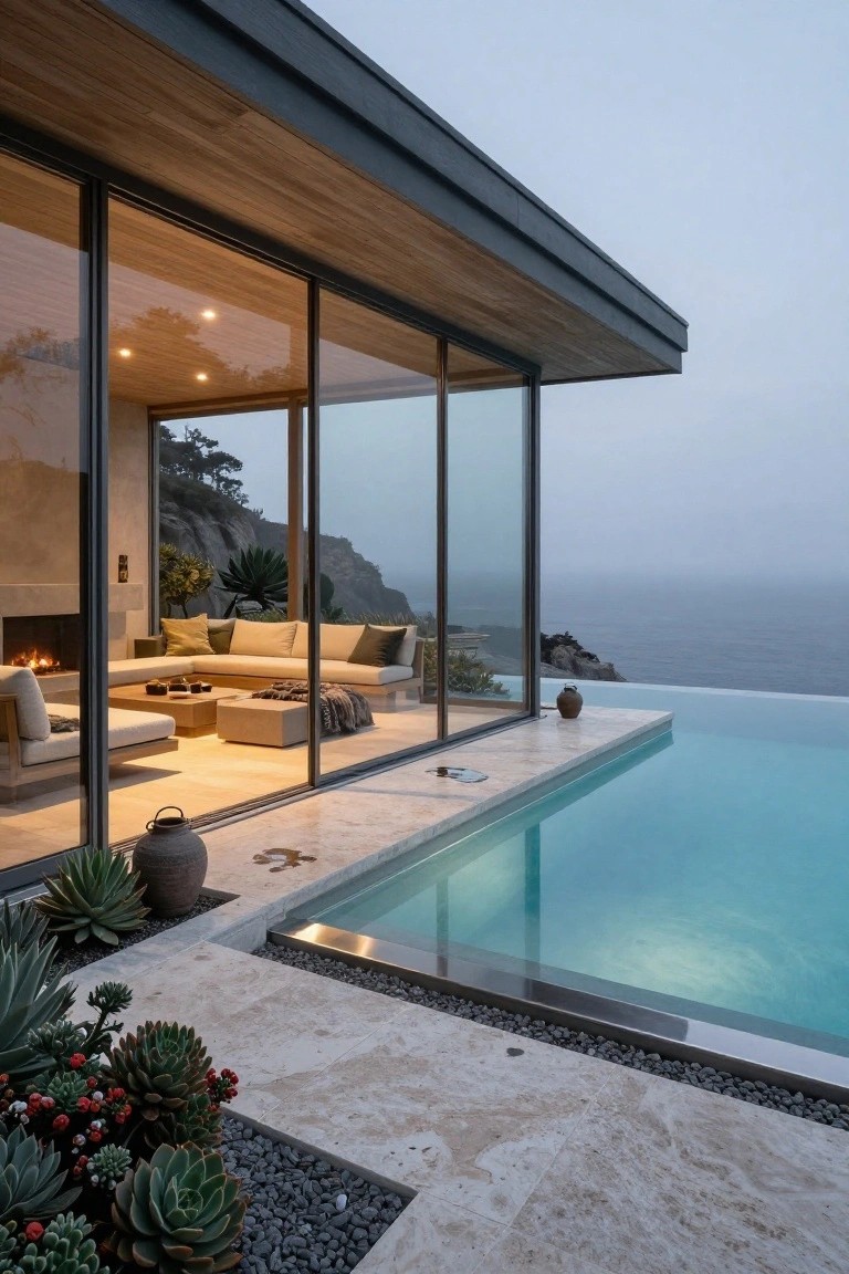15 Infinity Pool Design Ideas for Jaw-Dropping Landscapes Modern cliffside house with floor-to-ceiling glass walls opening to a terrace featuring an infinity-edge pool, neutral sofa seating inside, stone flooring, potted plants, and ocean view beyond.