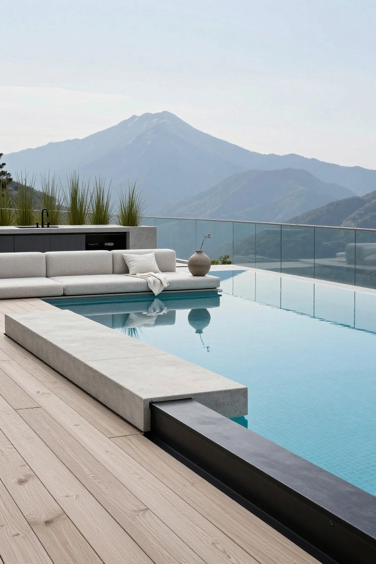 15 Infinity Pool Design Ideas for Jaw-Dropping Landscapes Modern outdoor terrace with infinity-edge pool, gray L-shaped sofa, concrete bar area with black faucet, potted plants, and glass railing overlooking mountains and a lake.