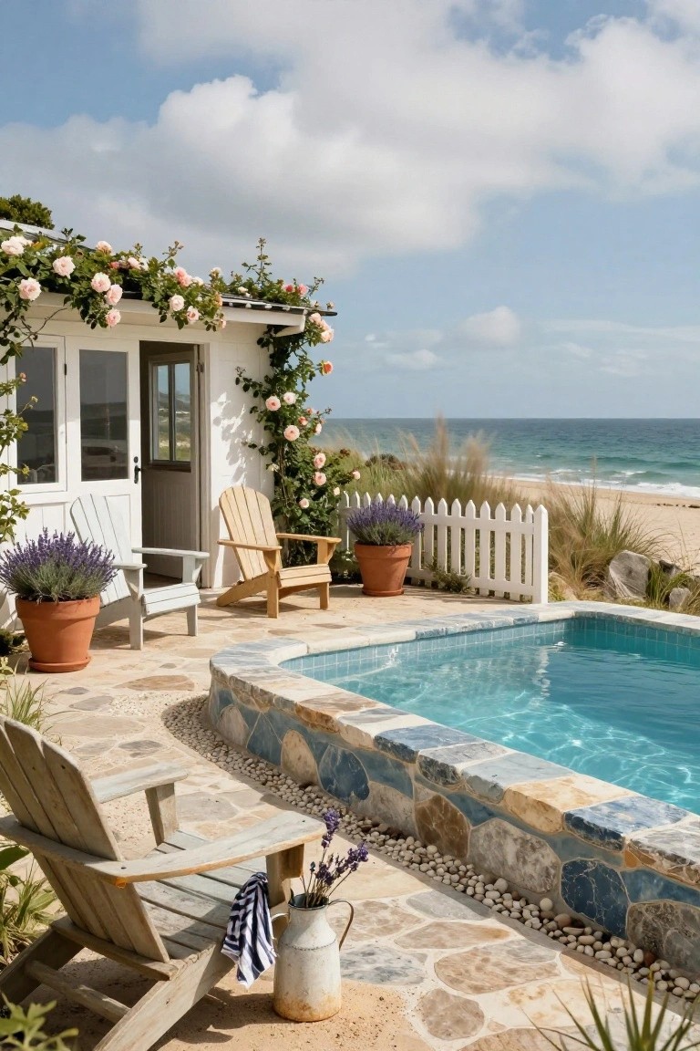 15 Infinity Pool Design Ideas for Jaw-Dropping Landscapes Small rectangular turquoise pool with blue and stone mosaic tiled edging on a stone patio, flanked by Adirondack chairs, potted lavender plants, and a white cottage draped in pink climbing roses, with white picket fence, beach grass, and ocean view beyond.