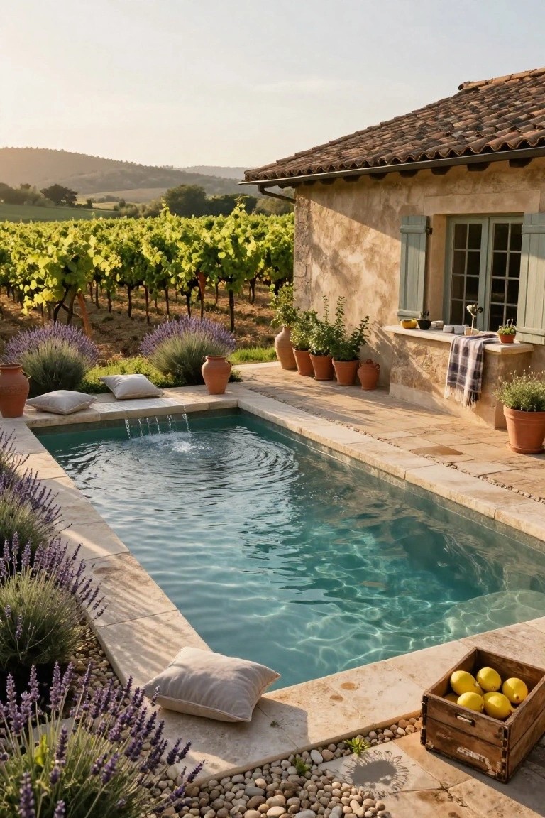 15 Infinity Pool Design Ideas for Jaw-Dropping Landscapes Small rectangular turquoise pool with waterfall edge on stone terrace, bordered by lavender plants and pillows, terracotta pots nearby, stone house wall with window and shelf, vineyards in background.