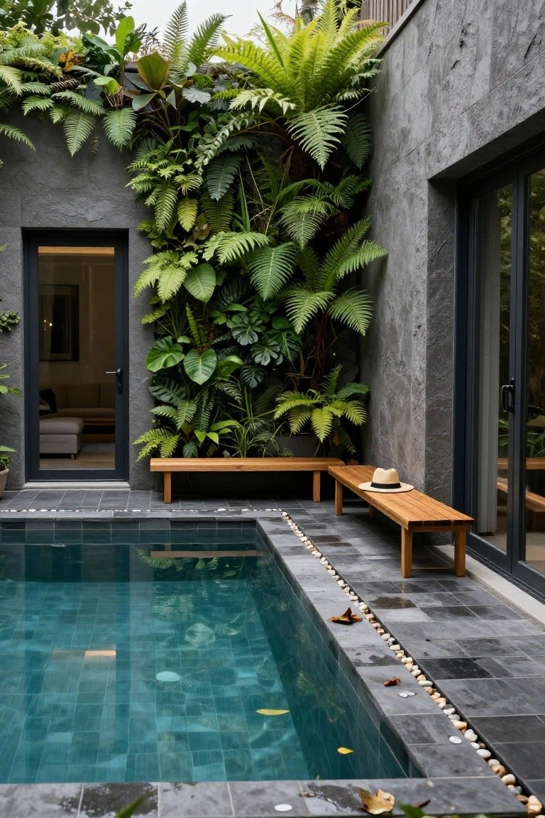 15 Infinity Pool Design Ideas for Jaw-Dropping Landscapes Small rectangular turquoise-tiled pool edged with dark slate tiles, white pebbles, and wooden benches, next to a lush green vertical plant wall and black-framed glass doors.