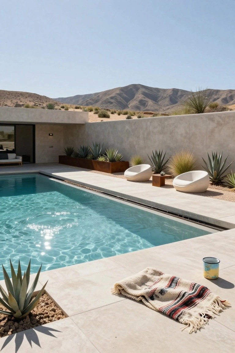 15 Infinity Pool Design Ideas for Jaw-Dropping Landscapes Infinity pool with turquoise water next to a beige stone deck at a modern desert house, featuring two white curved lounge chairs, a wooden side table, agave plants in raised beds and deck cutouts, a colorful woven towel, and an enameled mug on the deck, with distant mountains and clear sky.