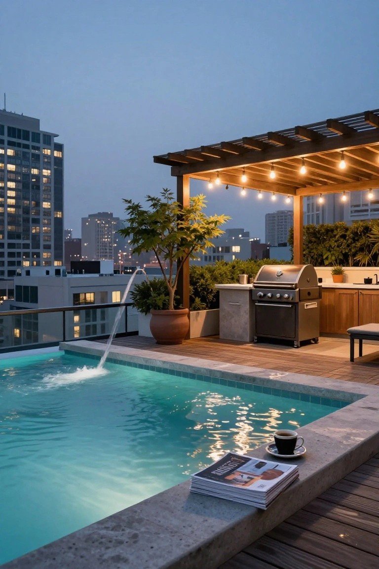 15 Infinity Pool Design Ideas for Jaw-Dropping Landscapes Rooftop terrace at dusk with infinity-edge pool overlooking city high-rises, wooden pergola with string lights, built-in gas grill, potted plants, outdoor kitchen cabinets, and a cup of black coffee with magazines on the pool ledge.