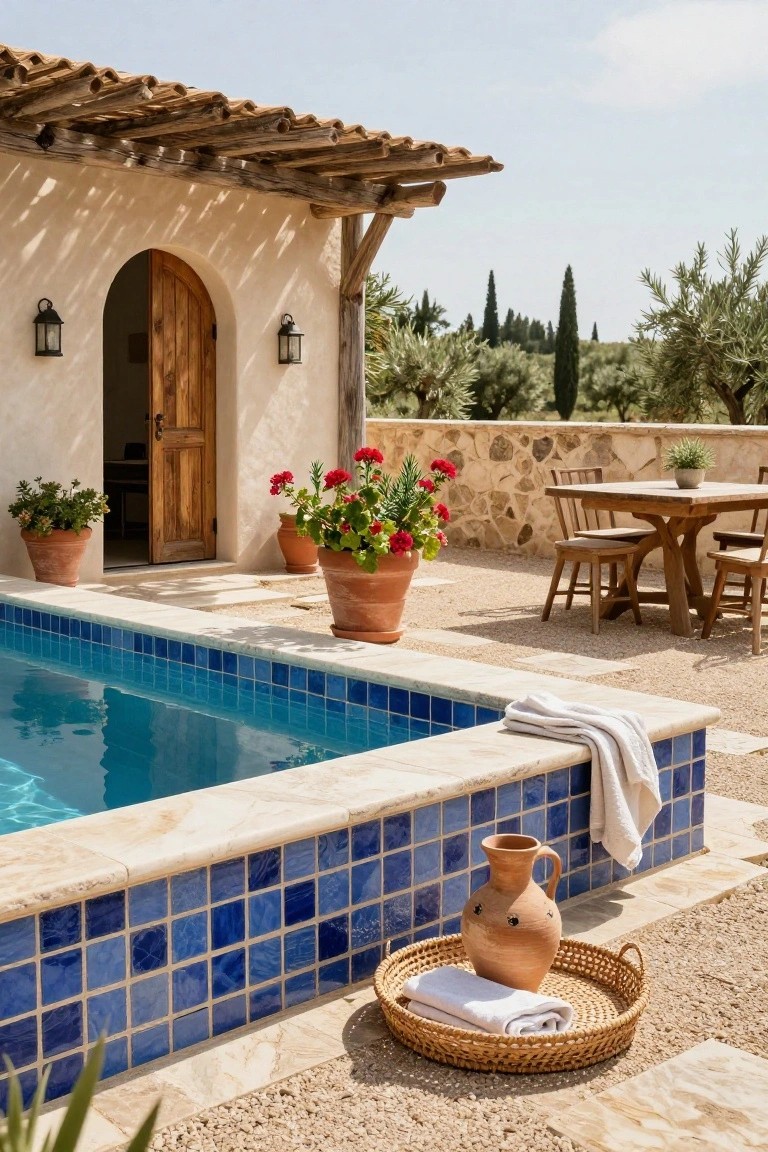 15 Infinity Pool Design Ideas for Jaw-Dropping Landscapes Blue mosaic-tiled rectangular pool with light stone coping on a gravel terrace next to a beige stucco building with arched wooden door, wooden dining table and chairs, terracotta pots of red geraniums, and olive trees in the distant landscape.
