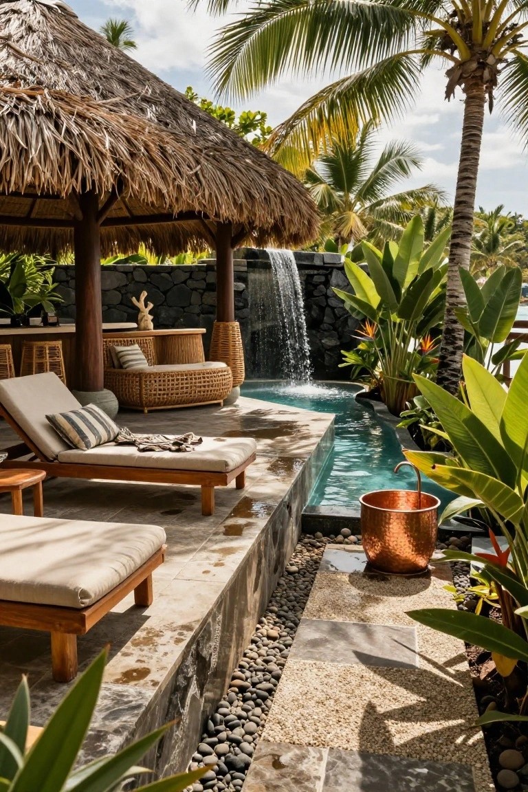 15 Infinity Pool Design Ideas for Jaw-Dropping Landscapes Outdoor terrace featuring wooden loungers and a bar under a thatched roof pavilion beside a curved turquoise infinity pool fed by a waterfall over black stone walls, surrounded by tropical plants and palm trees.