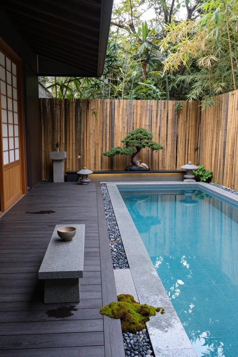 15 Infinity Pool Design Ideas for Jaw-Dropping Landscapes Wooden deck with stone bench and bowl next to a small rectangular blue infinity pool edged in pebbles and stone, surrounded by bamboo fencing, bonsai tree on black platform, stone lanterns, and tropical plants, with shoji screen door nearby.