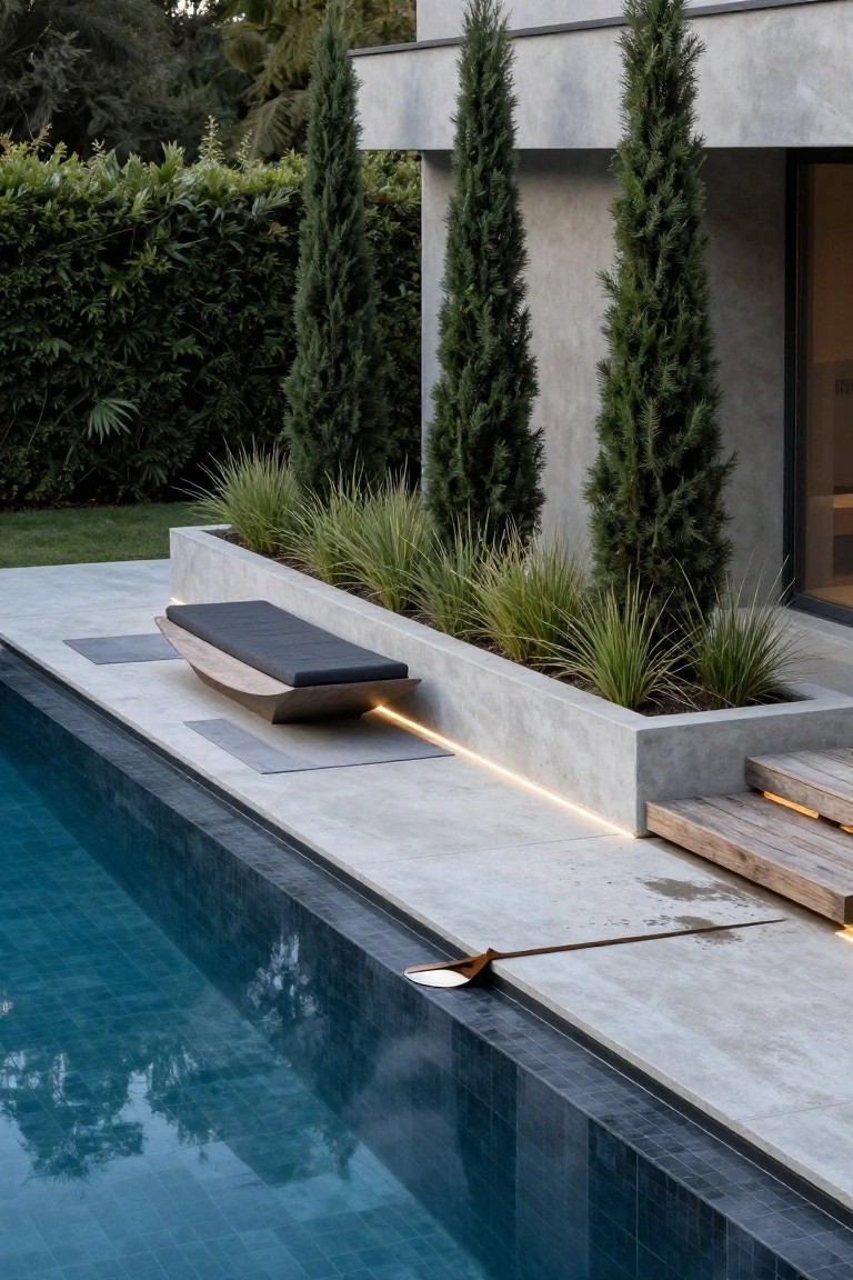 Poolside view showing a raised concrete planter box with built-in wooden bench, grasses inside, tall cypress trees, hedges, and wooden steps near an infinity-edge pool with dark tiles.