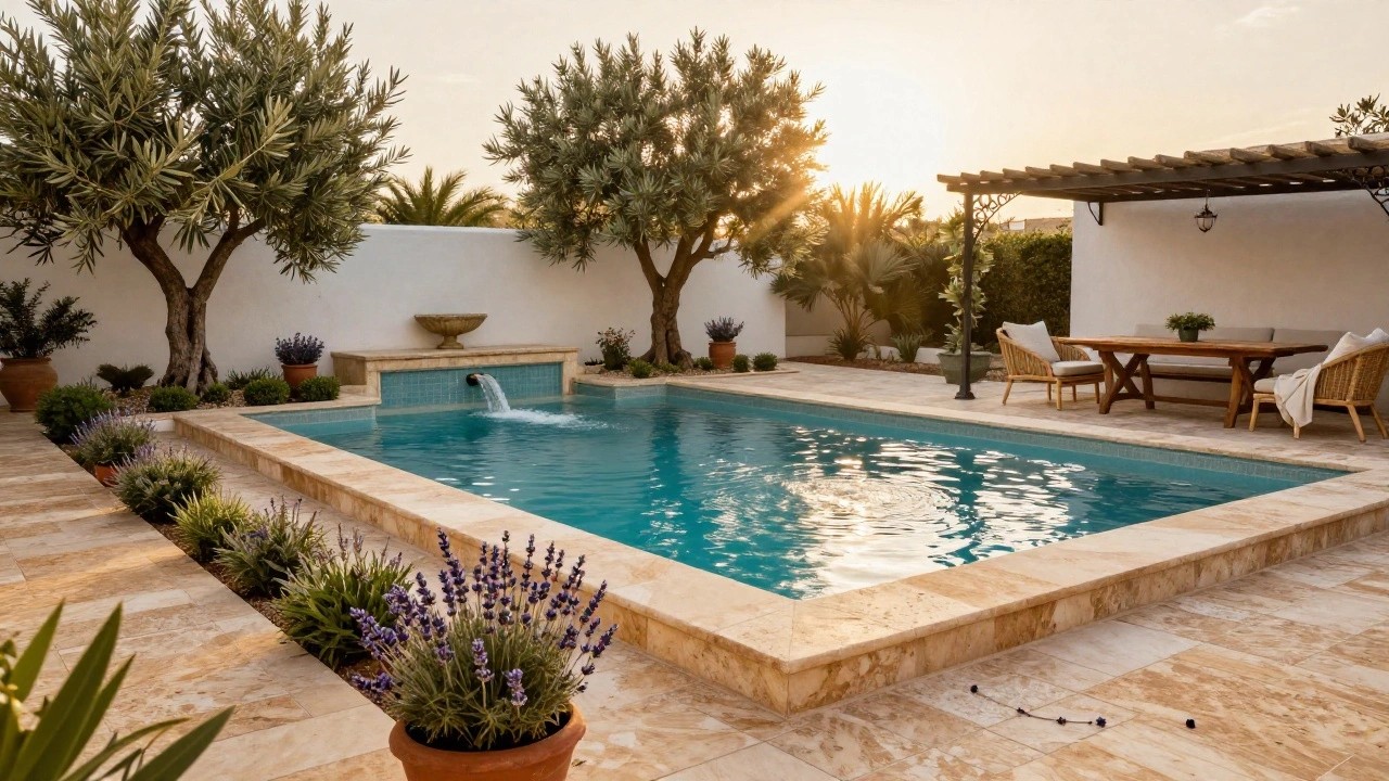 A narrow turquoise pool in a white stucco courtyard flanked by two olive trees, with lavender plants, boxwood hedges, a stone fountain, and a wooden dining table with chairs on travertine tiles.