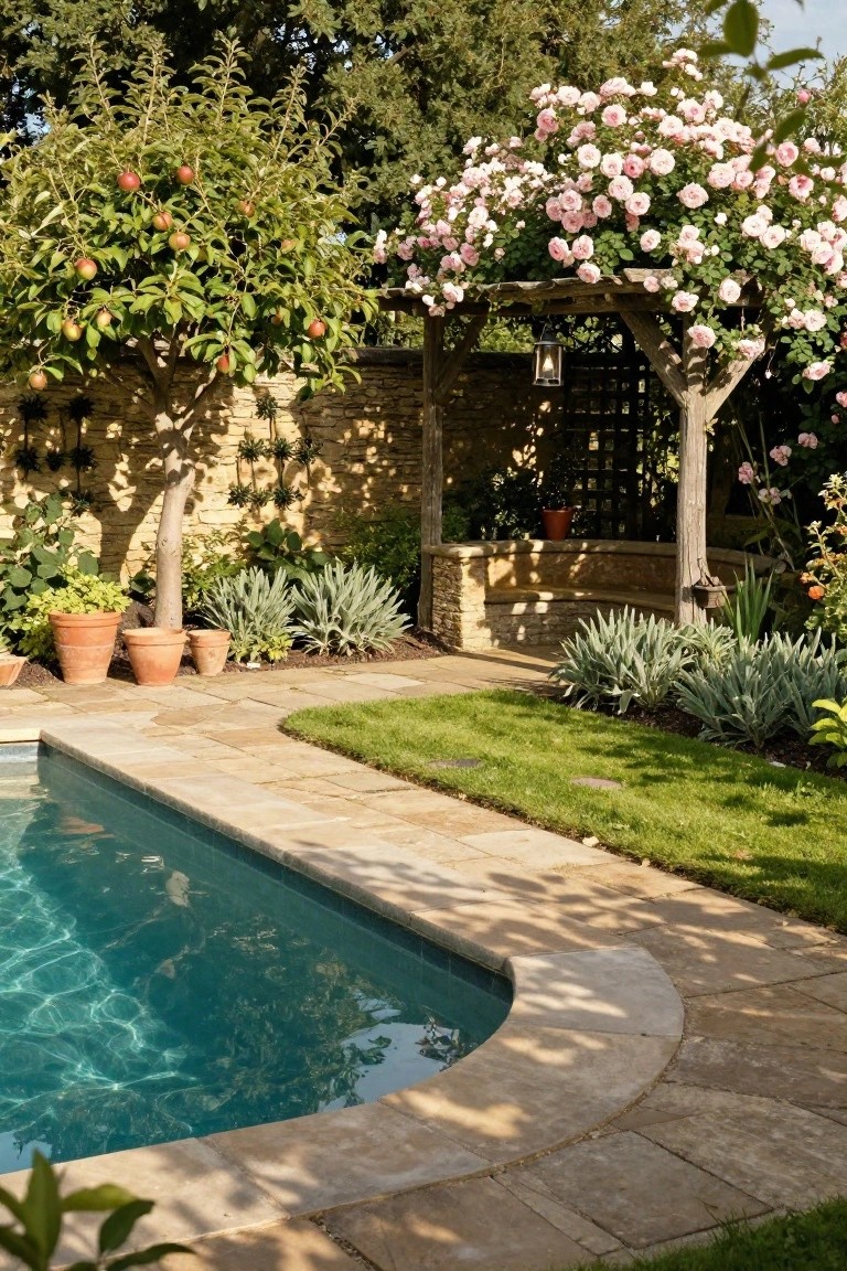 Backyard pool with curved beige stone edge, surrounded by lush apple trees bearing red fruit, climbing pink roses on wooden pergola with bench and lantern, potted plants, agaves, and green lawn.