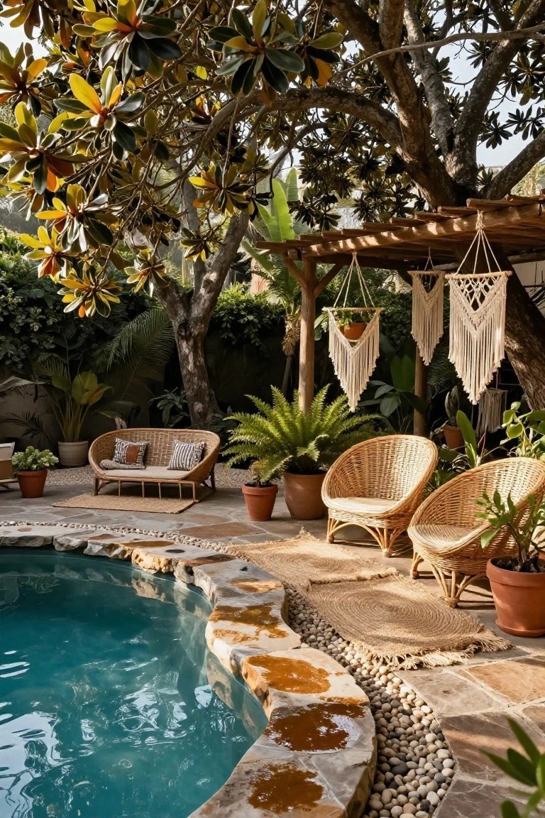 Curved turquoise pool with stone and pebble edging, next to rattan lounge chairs, a loveseat, potted plants, and a wooden pergola with hanging macrame planters, all under large overhanging trees and tropical greenery.