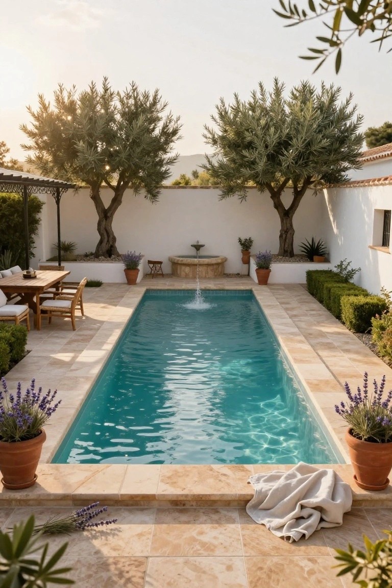 A narrow turquoise pool in a white stucco courtyard flanked by two olive trees, with lavender plants, boxwood hedges, a stone fountain, and a wooden dining table with chairs on travertine tiles.