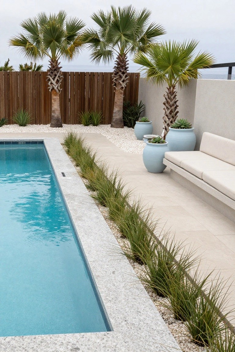 Long rectangular pool with turquoise water and granite coping, edged by tall wispy grasses in pebble mulch beds, blue pots with succulents, a low beige bench on tiled pavers, and several fan palm trees against a wooden fence overlooking the ocean.