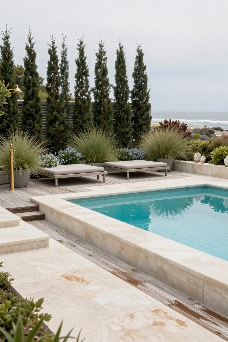 Turquoise infinity pool with white travertine edging and wooden deck steps leading to two cushioned outdoor daybeds, surrounded by tall cypress trees, pampas grasses, agave plants, and an ocean view.