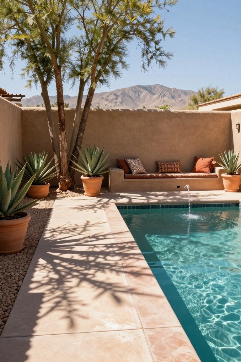 Small turquoise-tiled pool with fountain beside a built-in cushioned bench on beige stucco wall, surrounded by potted agave plants and tall trees casting shadows on tan tile deck and gravel, adobe architecture and distant mountains.