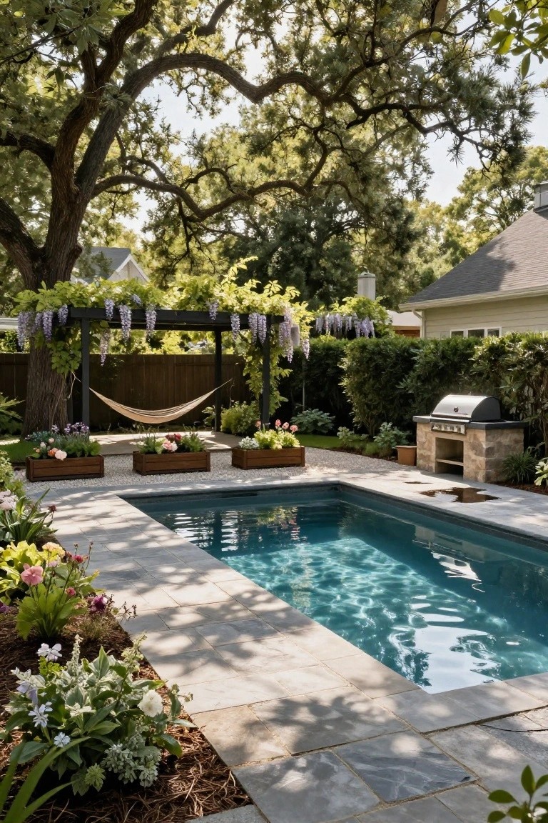 Small rectangular pool in backyard with gray stone decking, surrounded by flower beds and plants, hammock under black pergola draped with purple wisteria, large overhanging tree, stone barbecue grill, and gravel paths.