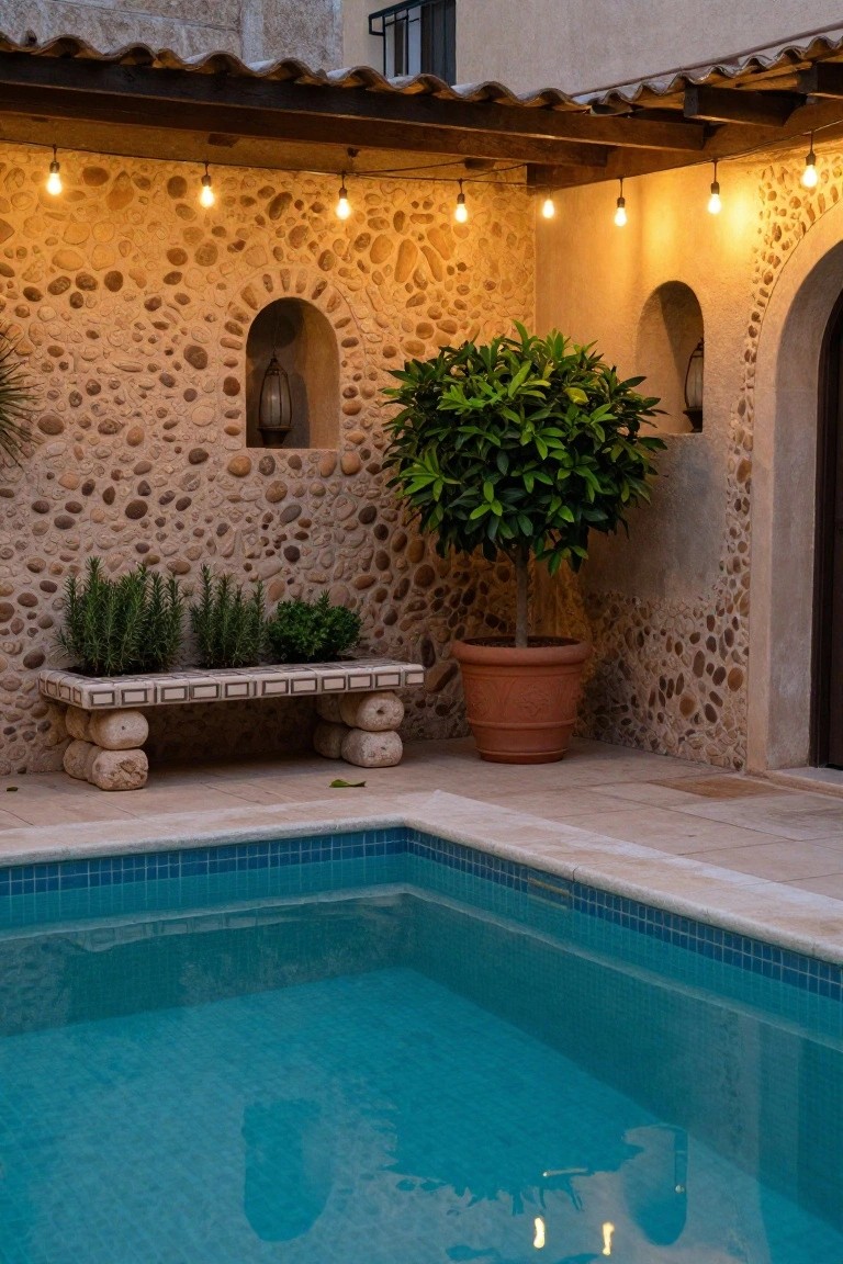 Blue-tiled infinity-edge pool corner with adjacent carved stone bench holding rosemary trough planters, tall leafy tree in large terracotta pot nearby, rustic pebble stone wall with arched niche and overhead string lights.
