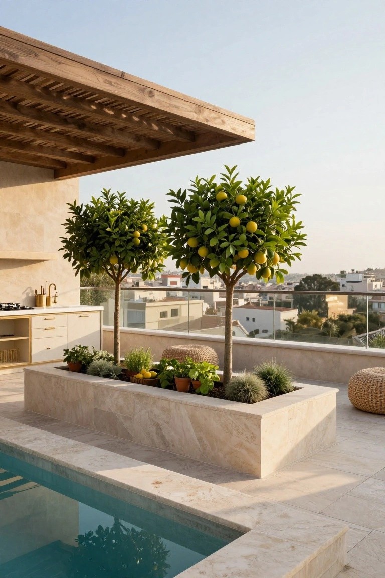 Rooftop terrace pool area with two lemon trees in beige stone raised planters next to a white outdoor kitchen counter, herb pots, woven poufs, and glass railing overlooking city buildings.