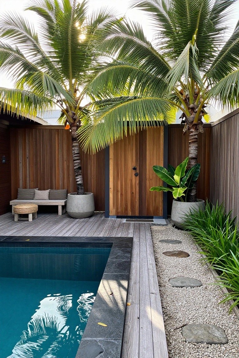 Wooden deck beside a rectangular turquoise pool in a fenced courtyard with tall palm trees, a bench with cushions, potted plants, stepping stones, and a wooden door.