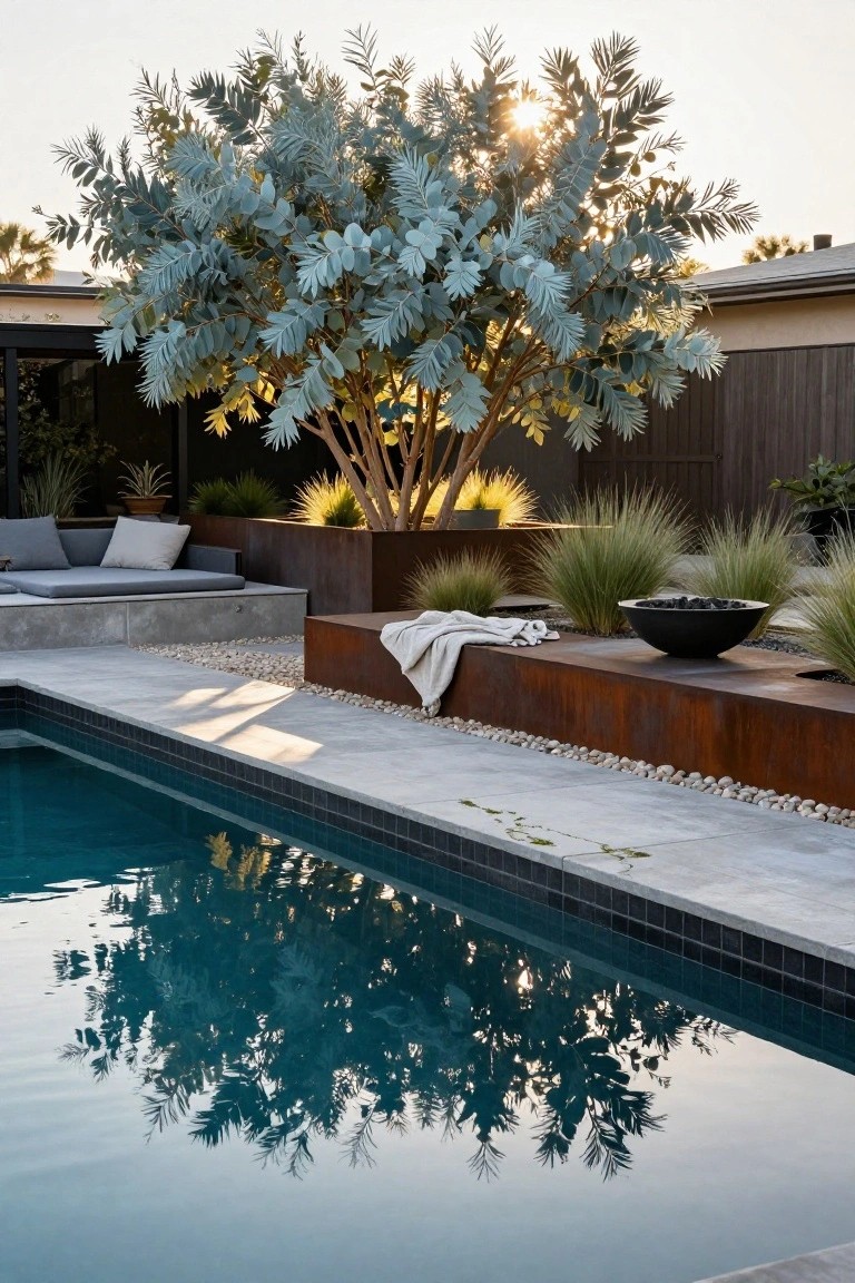 Backyard pool with turquoise water and black tile edge, bordered by light gray concrete deck and raised corten steel planters with grasses and a black fire bowl on a bench, shaded by a large tree with silvery blue leaves, outdoor sofa nearby, and plants around.