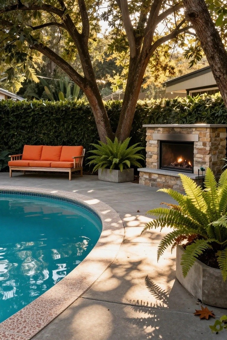 Curved blue swimming pool on a concrete patio with orange wood-framed sofa, stone gas fireplace burning, potted ferns nearby, and large trees overhead casting shadows against a hedge backdrop.