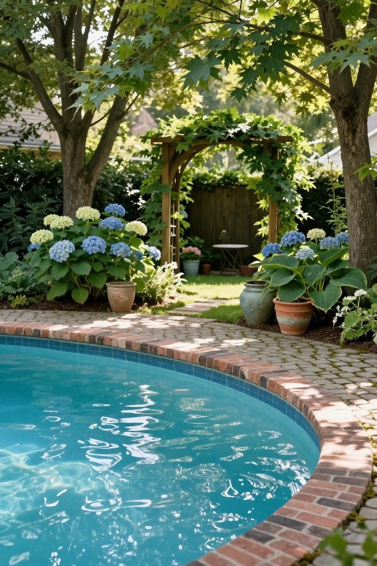 Curved turquoise pool with brick edging and pebble path, bordered by potted blue and white hydrangeas, hostas, trees, and a vine-covered wooden arbor in a sunny backyard garden.