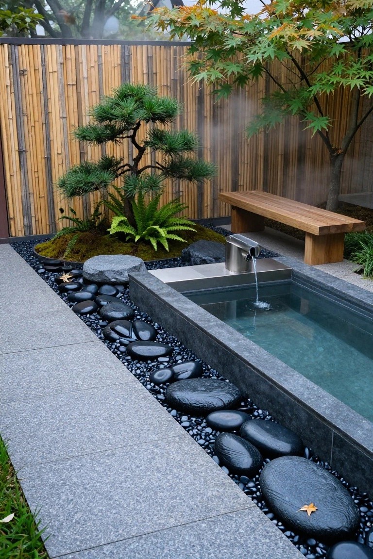 Japanese-style outdoor garden with a rectangular stainless steel soaking tub filled with water and a metal spout pouring in more, bordered by black pebbles and larger rocks, bonsai pine, ferns, mossy mound, wooden bench, bamboo fence, and gravel path.