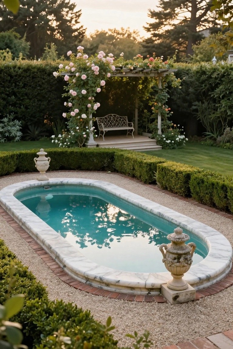 Small turquoise oval swimming pool with white marble edging on a gravel surround, bordered by clipped boxwood hedges and flanked by stone urns, with a rose-covered arbor and bench nearby in a garden at sunset.