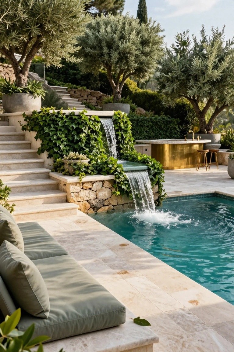 Stone stairs covered in green ivy with a waterfall cascading from a gold bar counter into a turquoise pool, surrounded by potted plants, lounge seating on a light tile deck, and olive trees on a hillside.