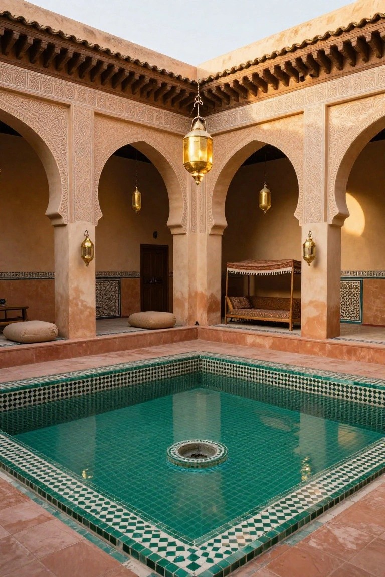 Small square green-tiled pool with central fountain in a Moroccan-style courtyard featuring beige arched walls, hanging brass lanterns, cushioned poufs, and a wooden daybed.