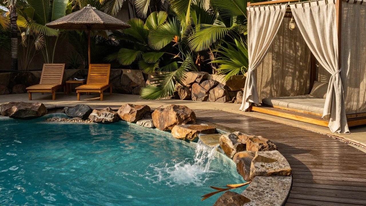 Circular turquoise pool edged in beige stone with large natural boulders and a cascading waterfall, flanked by wooden loungers under a thatched umbrella, tropical plants, and a curtained wooden pavilion.