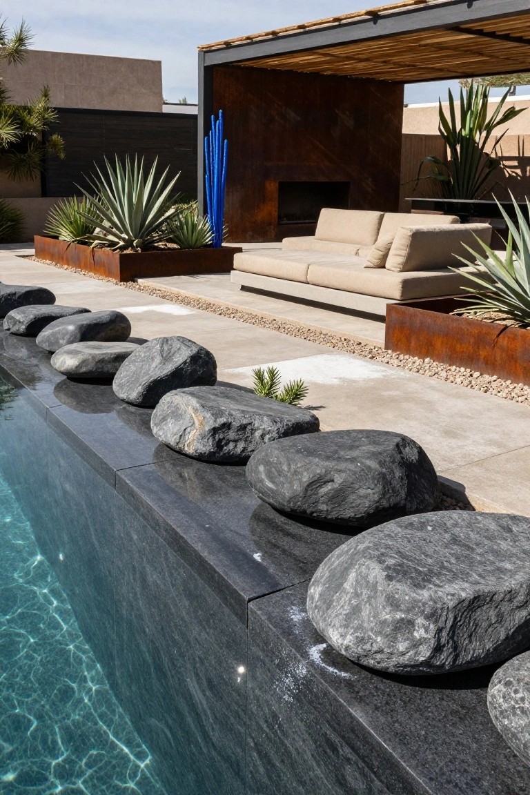 Pool edge made of black stone lined with large irregular gray boulders, clear blue water below, desert plants in rusted metal planters nearby, beige outdoor sofa under wooden pergola structure in background