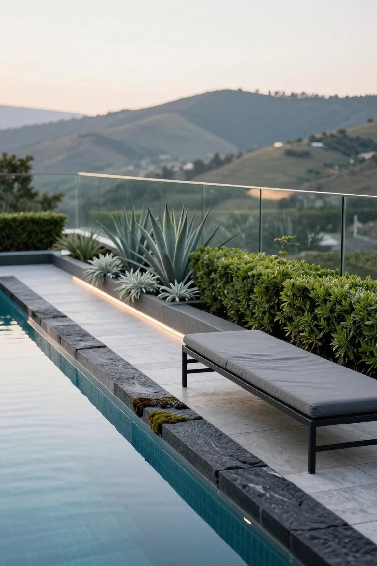 Close view along a turquoise pool edge with irregular dark stone coping showing green moss, adjacent gray tiled deck with underlighting, black metal-framed gray lounger, linear black raised planters containing blue-green agave plants and dense green boxwood hedges, glass balustrade, and distant green hills at sunset.